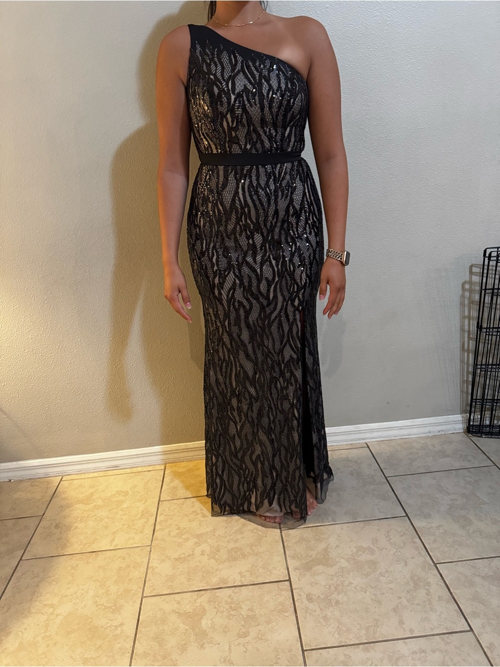 One-Shoulder Black Sequin Evening Gown